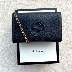 New Authentic Gucci Soho Chain Wallet Black Leather Crossbody